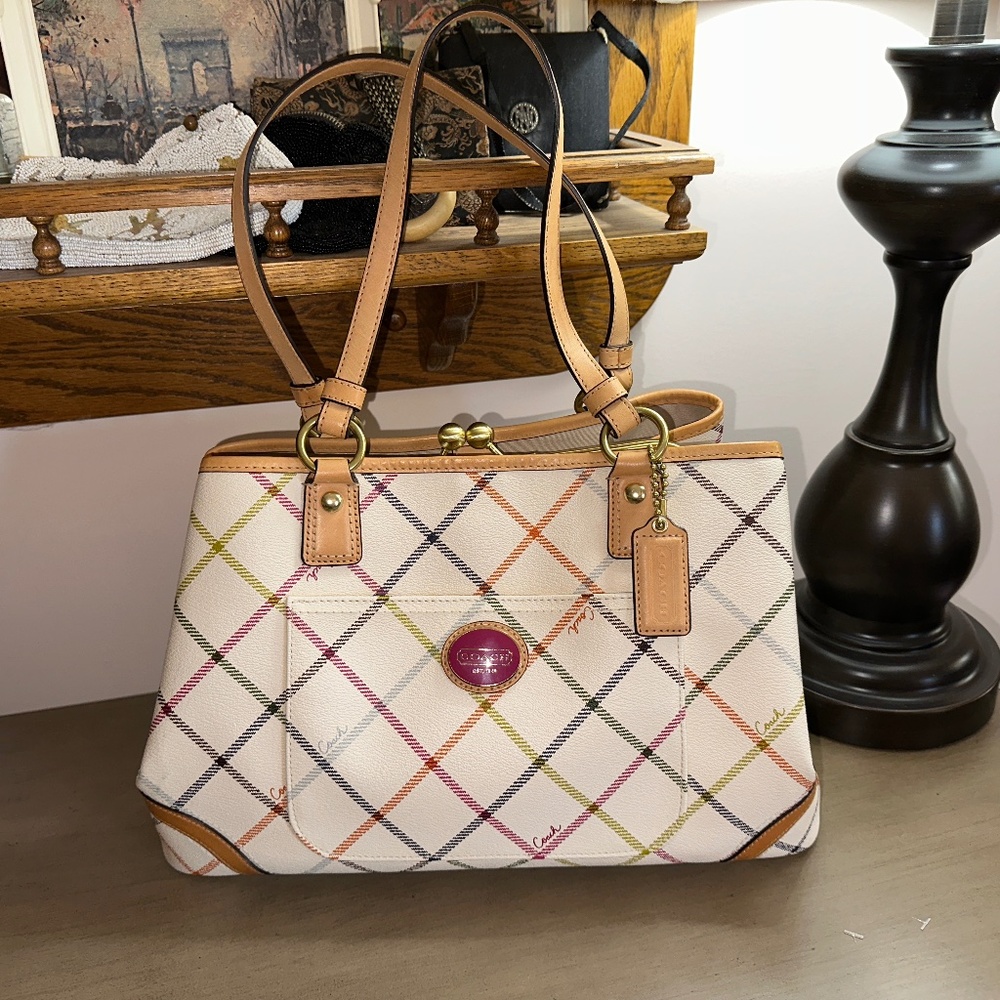 COACH Heritage Tattersall Plaid Kiss lock Frame Carry-All tote bag purse 23075
